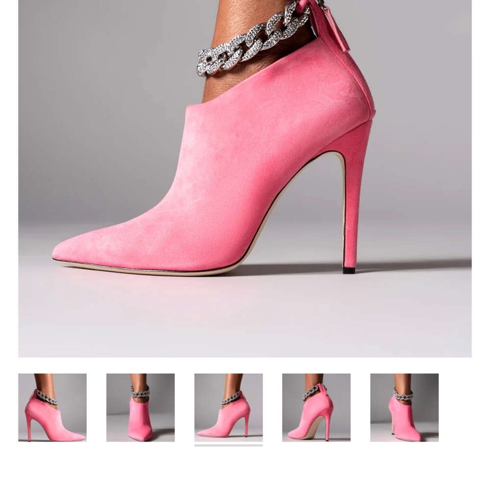 AMINAH ABDUL JILLIL Pink Suede Booties with Crystal Chain